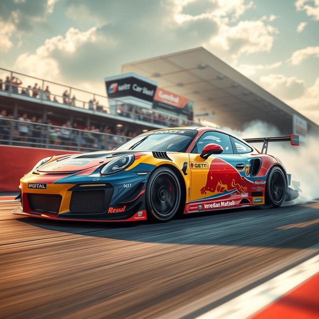 A high-energy car racing scene showcasing a dynamic race car adorned with vibrant livery graphics, featuring bold colors like red, yellow, and blue, intricate designs, sponsor logos, and aggressive styling