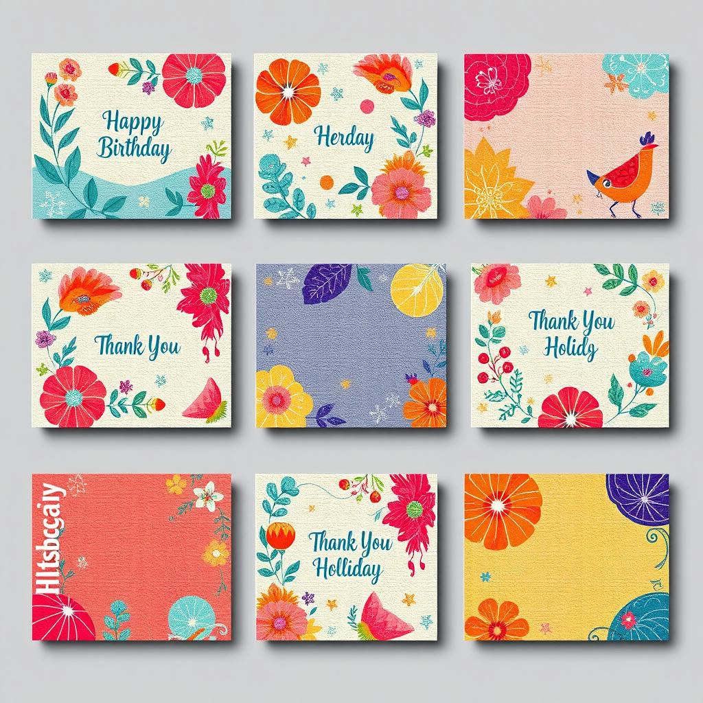 A collection of innovative designs for a greeting card, featuring vibrant colors and intricate patterns