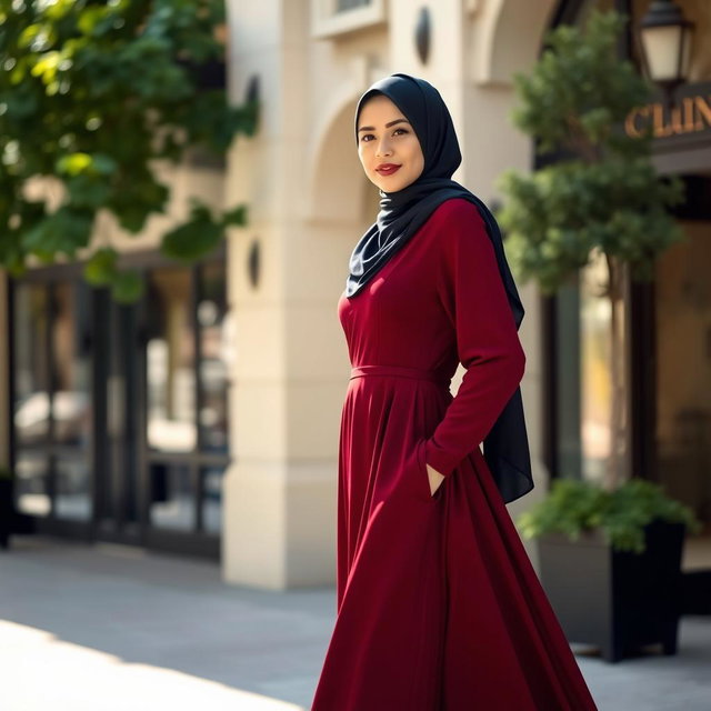 A Muslim lady elegantly dressed in a flowing burgundy dress, complemented by a stylish navy blue hijab