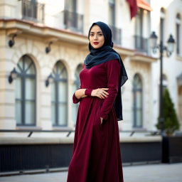 A Muslim lady elegantly dressed in a flowing burgundy dress, complemented by a stylish navy blue hijab