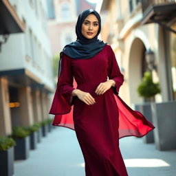 A Muslim lady elegantly dressed in a flowing burgundy dress, complemented by a stylish navy blue hijab