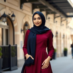 A Muslim lady elegantly dressed in a flowing burgundy dress, complemented by a stylish navy blue hijab
