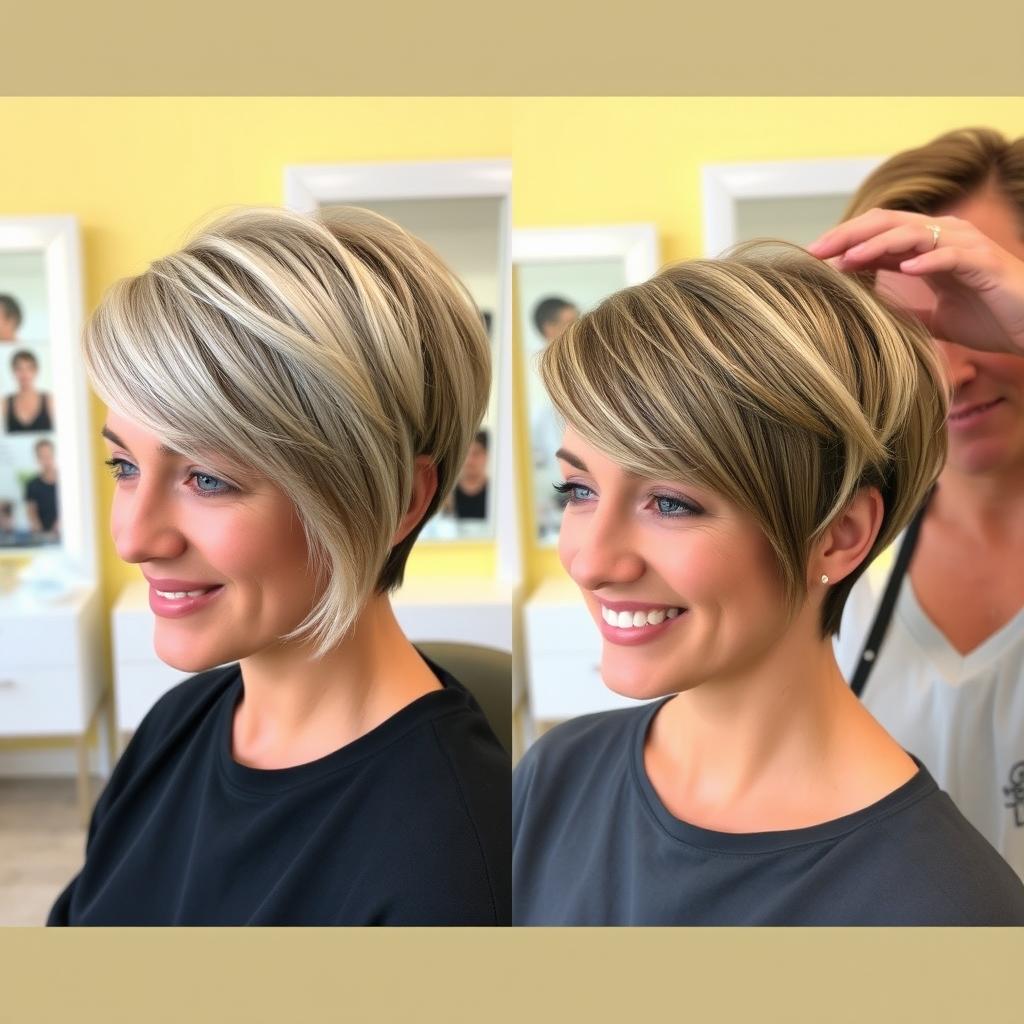A hairstyle transformation showcasing a person with a short haircut that flatters their face shape