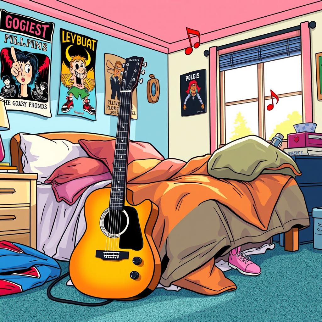 A colorful and vibrant comic-style illustration of a guitar leaning against a cozy bed in a teenager's room