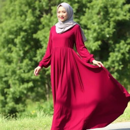 A beautiful Muslim woman wearing an elegant burgundy dress that flows gracefully to the ground