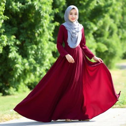A beautiful Muslim woman wearing an elegant burgundy dress that flows gracefully to the ground