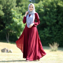 A beautiful Muslim woman wearing an elegant burgundy dress that flows gracefully to the ground