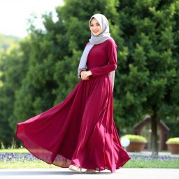 A beautiful Muslim woman wearing an elegant burgundy dress that flows gracefully to the ground