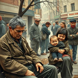 A captivating scene depicting the everyday life of working-class individuals, showcasing their struggles and resilience