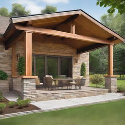 A 12x12 patio with structural columns and a 3 feet extended roof, highlighting an exposed beam, on the front facade of a house.