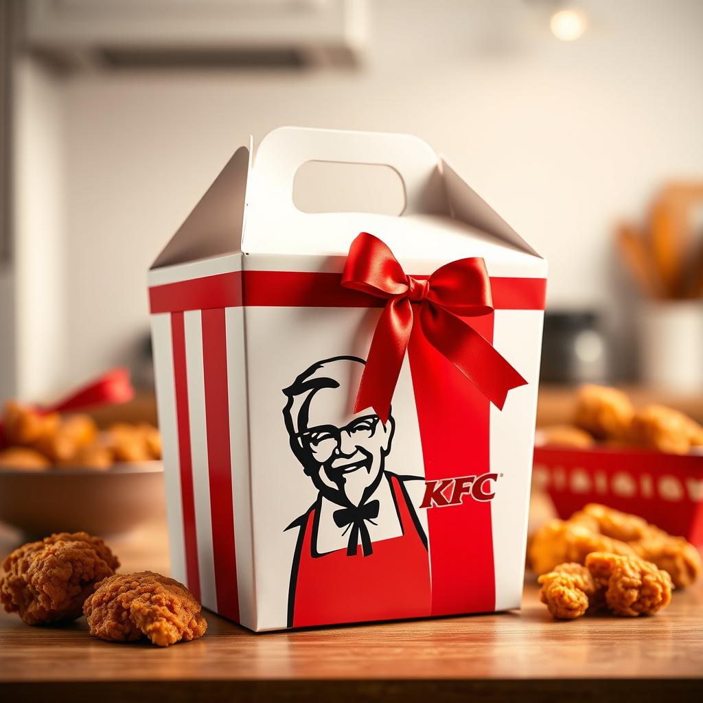 A stylish and eye-catching KFC takeout packaging featuring a classic red and white color scheme