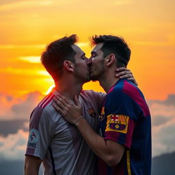 A romantic scene featuring a man and Lionel Messi sharing a passionate kiss in a picturesque setting