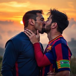 A romantic scene featuring a man and Lionel Messi sharing a passionate kiss in a picturesque setting