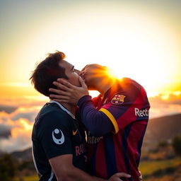 A romantic scene featuring a man and Lionel Messi sharing a passionate kiss in a picturesque setting