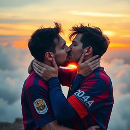 A romantic scene featuring a man and Lionel Messi sharing a passionate kiss in a picturesque setting
