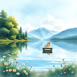 A serene lakeside scene for a book cover, depicting a calm lake surrounded by lush green trees and soft wildflowers in the foreground
