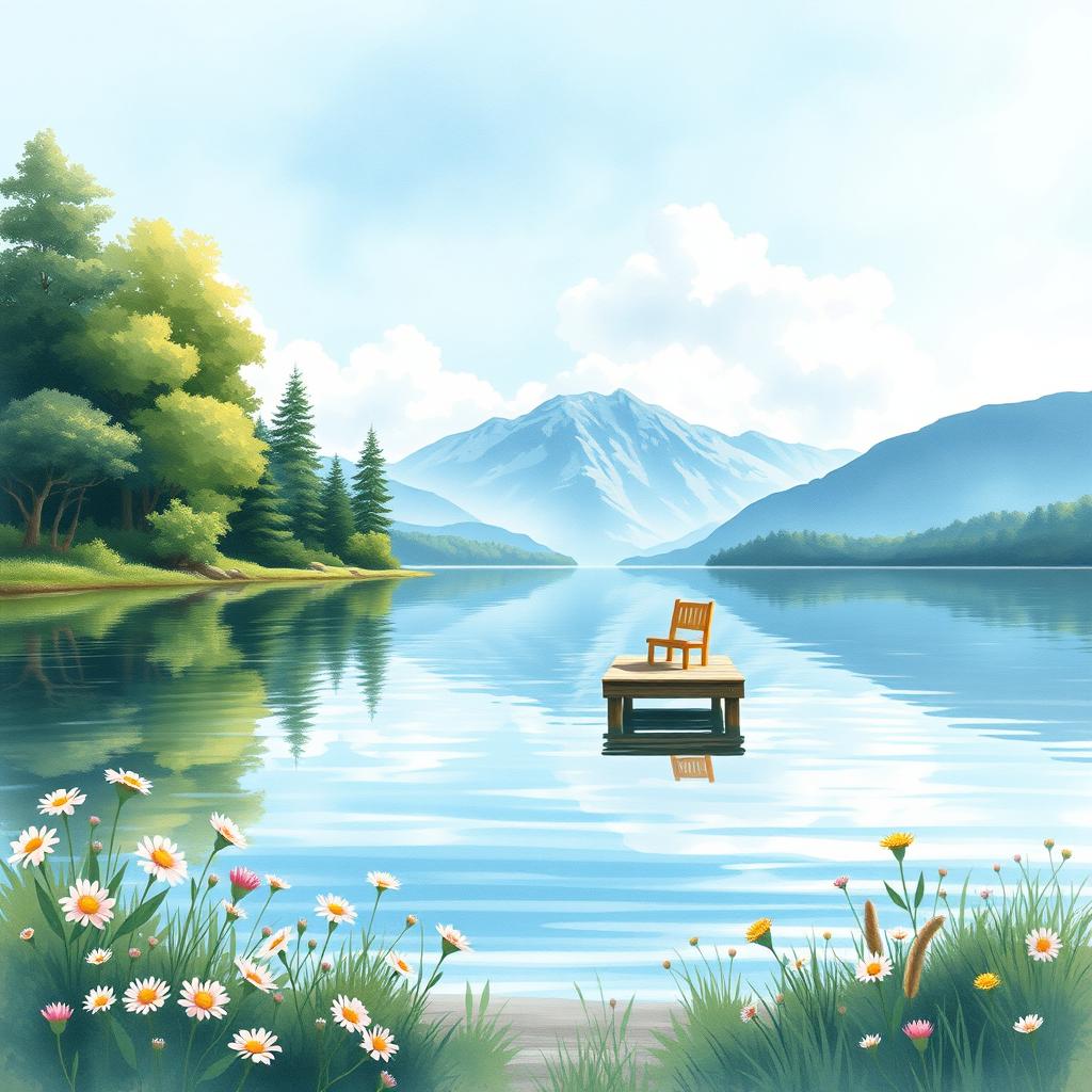 A serene lakeside scene for a book cover, depicting a calm lake surrounded by lush green trees and soft wildflowers in the foreground