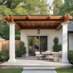 A 12x12 patio with structural columns and a 3 feet extended roof, highlighting an exposed beam, on the front facade of a house.