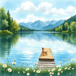 A serene lakeside scene for a book cover, depicting a calm lake surrounded by lush green trees and soft wildflowers in the foreground