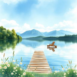 A serene lakeside scene for a book cover, depicting a calm lake surrounded by lush green trees and soft wildflowers in the foreground
