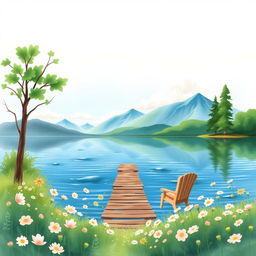 A serene lakeside scene for a book cover, depicting a calm lake surrounded by lush green trees and soft wildflowers in the foreground