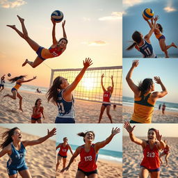 A stunning collage of volleyball action shots, featuring dynamic players diving to save the ball, powerful spikes at the net, and intense serves from various perspectives