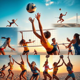 A stunning collage of volleyball action shots, featuring dynamic players diving to save the ball, powerful spikes at the net, and intense serves from various perspectives