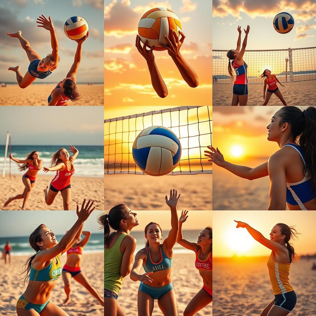 A stunning collage of volleyball action shots, featuring dynamic players diving to save the ball, powerful spikes at the net, and intense serves from various perspectives