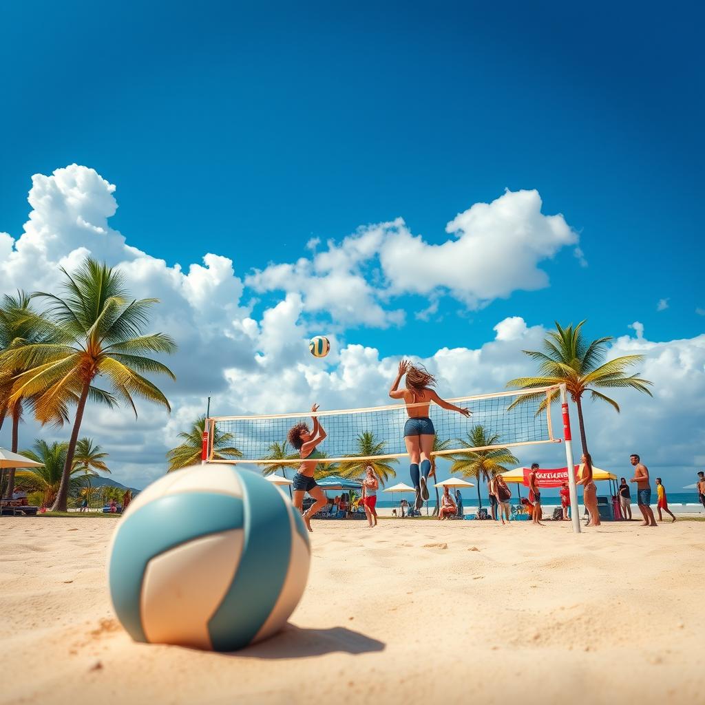 A captivating photo background featuring a volleyball court on a sunny day, showcasing a blue sky with fluffy white clouds above