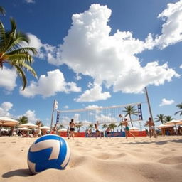 A captivating photo background featuring a volleyball court on a sunny day, showcasing a blue sky with fluffy white clouds above