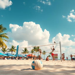 A captivating photo background featuring a volleyball court on a sunny day, showcasing a blue sky with fluffy white clouds above