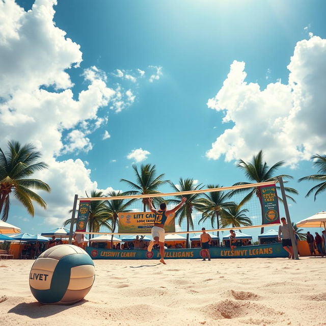 A captivating photo background featuring a volleyball court on a sunny day, showcasing a blue sky with fluffy white clouds above