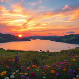 A serene and picturesque landscape showcasing a vibrant sunset over a tranquil lake, surrounded by lush green hills and colorful wildflowers in the foreground