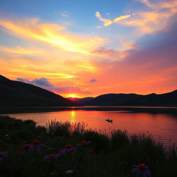 A serene and picturesque landscape showcasing a vibrant sunset over a tranquil lake, surrounded by lush green hills and colorful wildflowers in the foreground