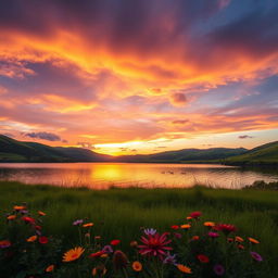 A serene and picturesque landscape showcasing a vibrant sunset over a tranquil lake, surrounded by lush green hills and colorful wildflowers in the foreground