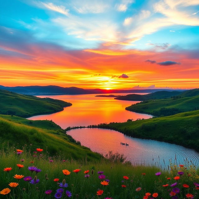 A serene and picturesque landscape showcasing a vibrant sunset over a tranquil lake, surrounded by lush green hills and colorful wildflowers in the foreground