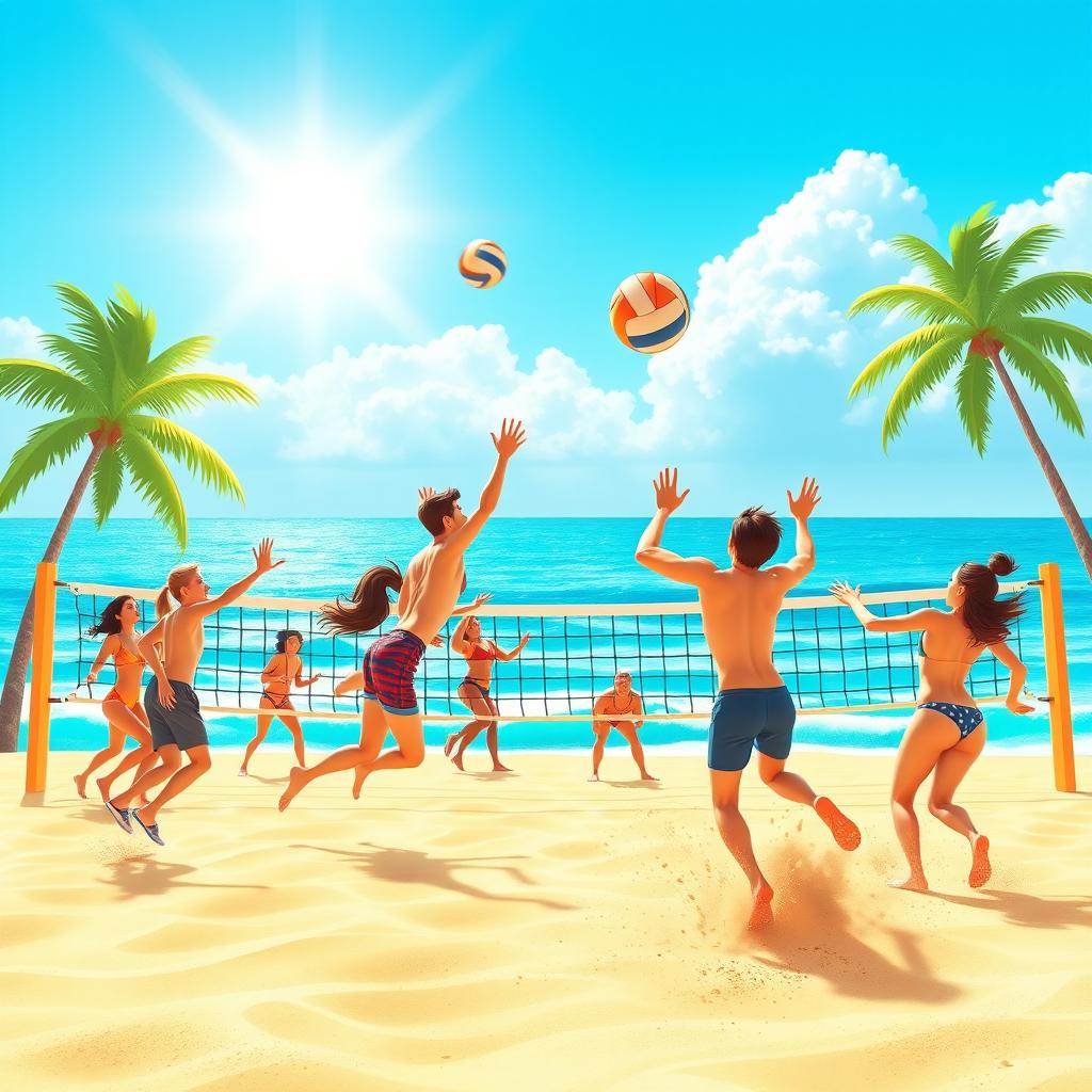 An animated background scene depicting an exciting beach volleyball match