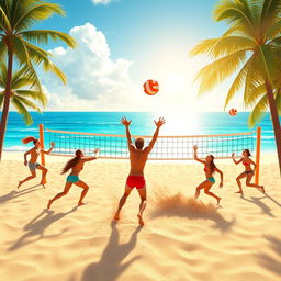 An animated background scene depicting an exciting beach volleyball match