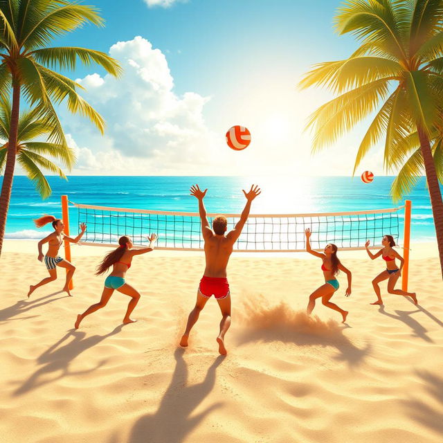 An animated background scene depicting an exciting beach volleyball match