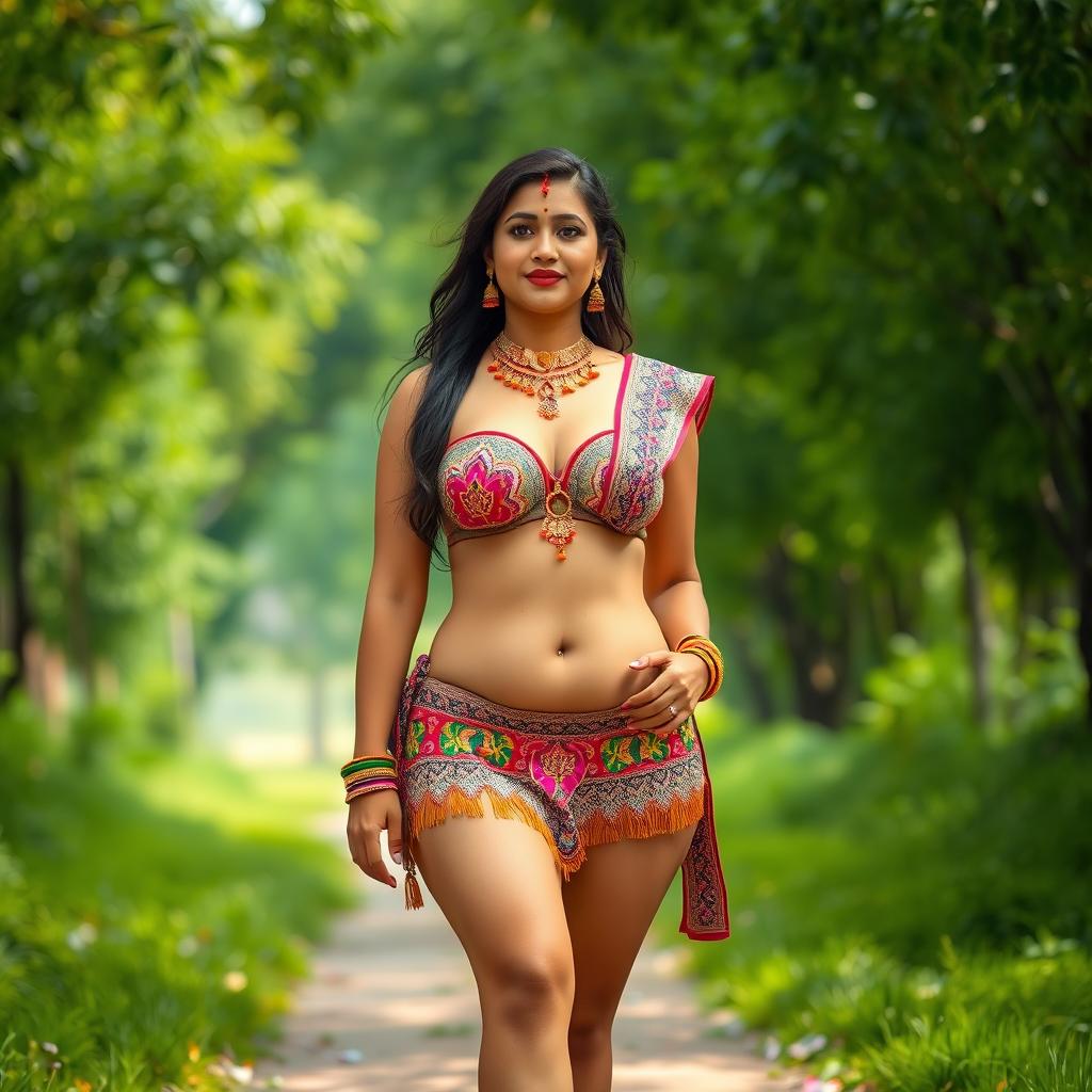 A beautiful Indian chubby woman walking alone on a path surrounded by lush green trees