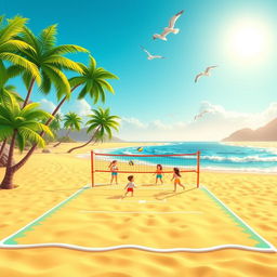 An animated landscape background featuring a scenic beach volleyball setting