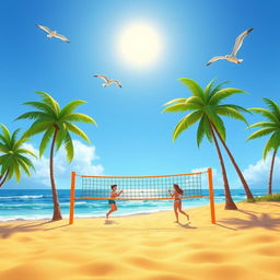 An animated landscape background featuring a scenic beach volleyball setting