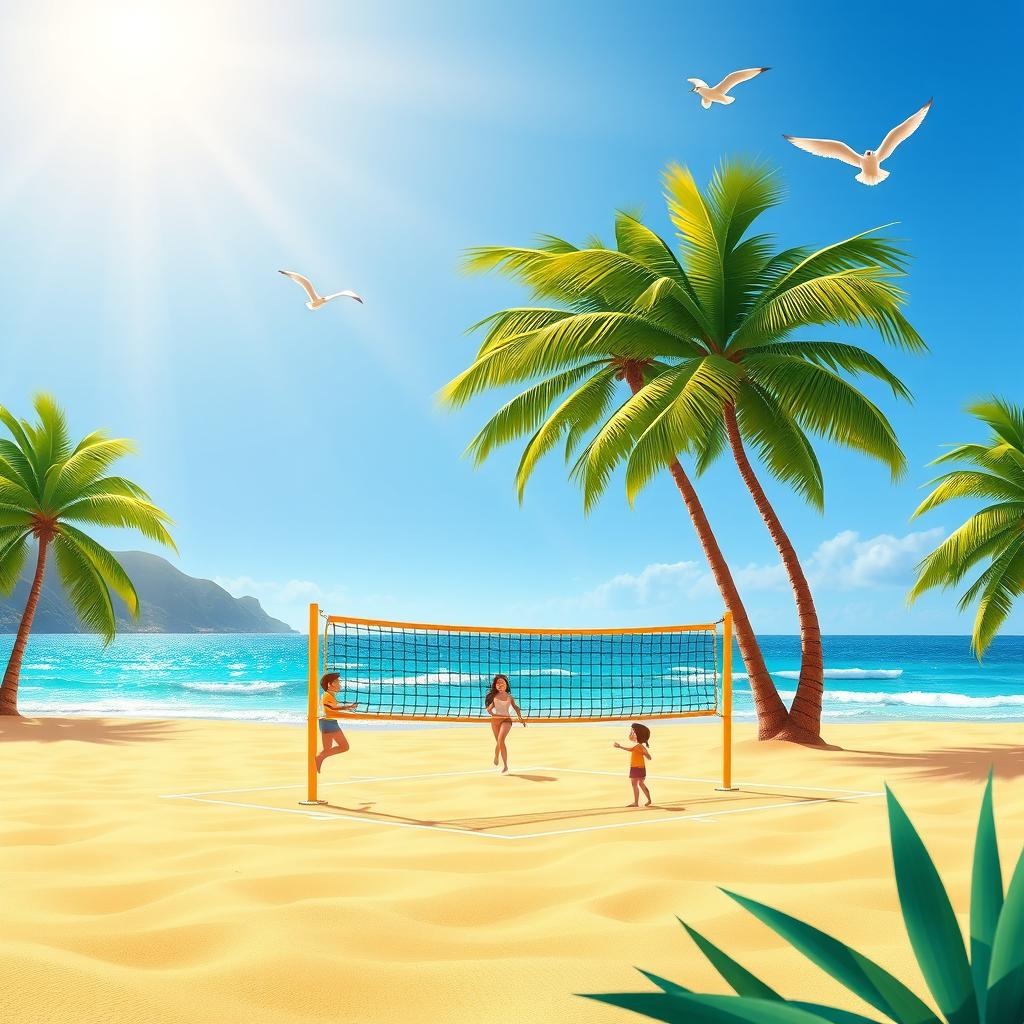 An animated landscape background featuring a scenic beach volleyball setting