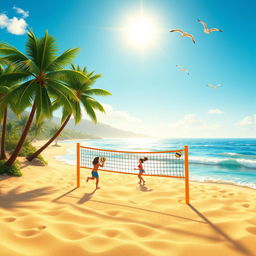 An animated landscape background featuring a scenic beach volleyball setting