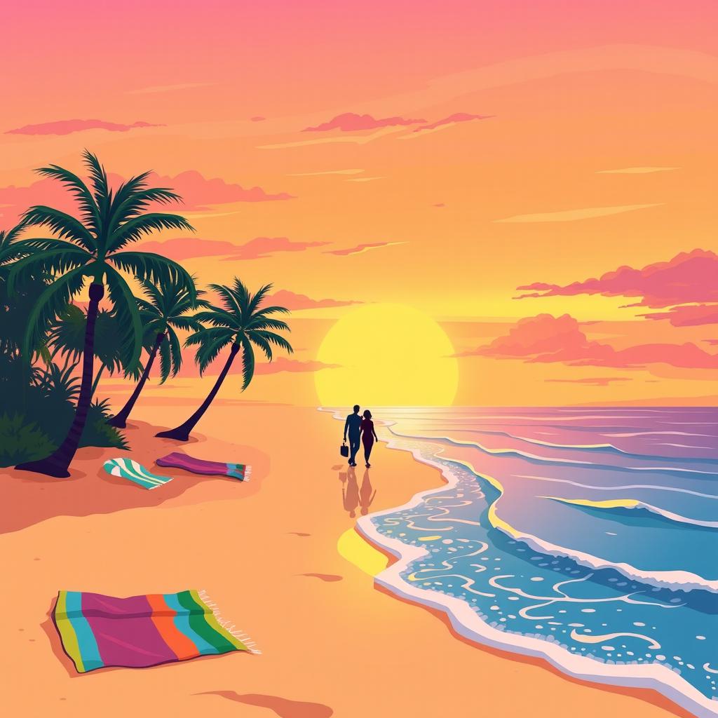 A friendly and inviting illustration of a vibrant sunset on a beach, with waves gently lapping at the shore, palm trees swaying in a light breeze, and colorful beach towels spread out on the sand