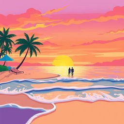 A friendly and inviting illustration of a vibrant sunset on a beach, with waves gently lapping at the shore, palm trees swaying in a light breeze, and colorful beach towels spread out on the sand