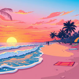 A friendly and inviting illustration of a vibrant sunset on a beach, with waves gently lapping at the shore, palm trees swaying in a light breeze, and colorful beach towels spread out on the sand