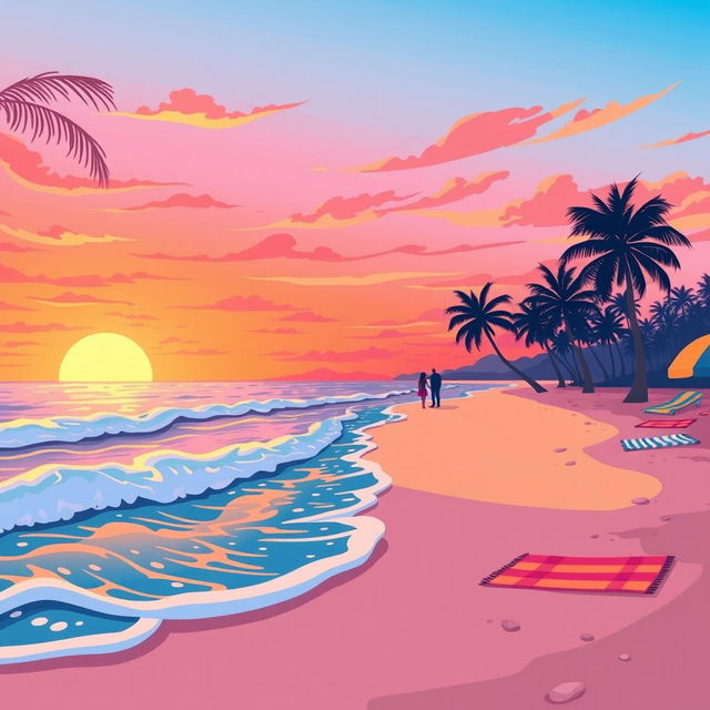 A friendly and inviting illustration of a vibrant sunset on a beach, with waves gently lapping at the shore, palm trees swaying in a light breeze, and colorful beach towels spread out on the sand