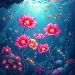 A unique and whimsical illustration featuring a vibrant underwater scene with colorful skeleton flowers blooming around a mystical sea