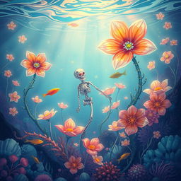 A unique and whimsical illustration featuring a vibrant underwater scene with colorful skeleton flowers blooming around a mystical sea